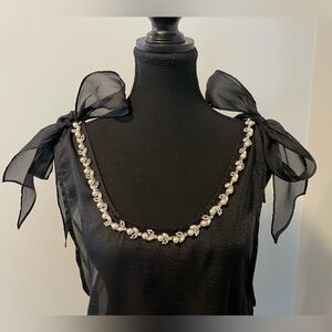 Anthropologie Maeve Asymmetrical Sheer Dress with Bow/Pearl/Rhinestone Details